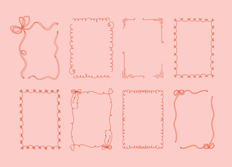 Collection of eight decorative whimsical frames in coquette style on a light pink background. A4 card size. Vector hand drawn graphic set