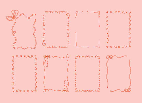 Collection of eight decorative whimsical frames in coquette style on a light pink background. A4 card size. Vector hand drawn graphic set