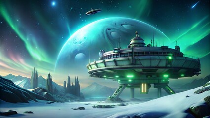 a spaceship with aurora conditions illustration background