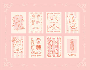 Collection of 8 coquette pink posters in charming girly trendy style. Vintage feminine cards with victorian accessories: bows, ribbons, feathers, mirrors, jewelry, décor. Soft beige and pink colors