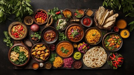 A vibrant spread of traditional Indian cuisine, featuring flavorful curries, aromatic biryanis, naan bread, and colorful chutneys arranged in a festive setting, rich in spices and textures