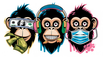 A hyper-pop art piece reimagining the "Three Wise Monkeys" proverb in a minimalist and contempora