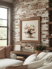 Cozy and charming vintage farmhouse living room featuring a brick accent wall wooden shelves displaying a framed still life painting of fresh flowers and soft window lighting creating a muted