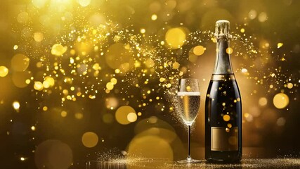 Champagne bottle with gold label and glittering particles on a black background. Luxury celebration and festive concept.