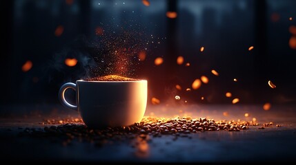   A table with a full cup of coffee and an overflowing mound of coffee beans spilling from the rim