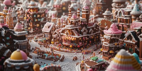 A gingerbread town with candy decorations.