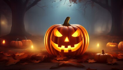 Glowing Jack-o'-lantern in a spooky setting. A sinister carved pumpkin emits a warm glow among a backdrop of fog, fallen leaves, and eerie light, conveying a Halloween theme.