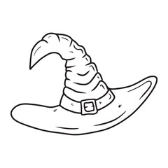 Witch hat with belt and buckle as a symbol for Halloween celebration in black isolated on white background. Hand drawn vector sketch illustration in doodle engraved vintage line art style