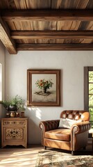 Cozy and Elegant Rustic Farmhouse Living Room Scene with Wooden Ceiling Beams Leather Armchair Vintage Side Cabinet and Ornate Wooden Frame Mockup with Still Life Painting in Natural Daylight