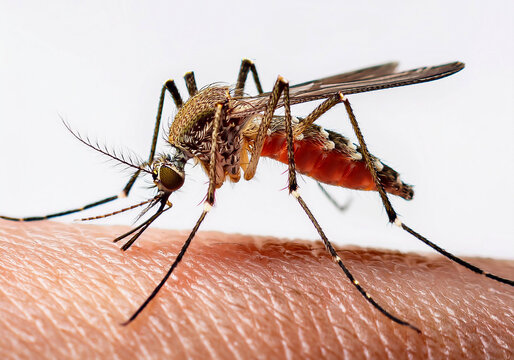 Mosquito-borne virus EEE. A close-up of a mosquito feeding on human skin, with its proboscis deeply embedded in the flesh.