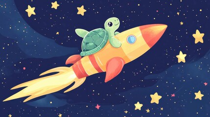 Cute turtle hitching a ride on a rocket, flying through the stars, capturing the charm of adventure and speed in a whimsical illustration