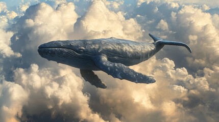 A blue whale soars through fluffy white clouds in a surreal and magical sky.