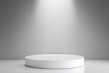 Fotobehang white empty podium platform with spotlight on a grey background for product presentation © Sebelas Studio
