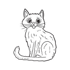 Beautiful cat sitting with big black eyes in black isolated on white background. Hand drawn vector sketch illustration in doodle engraved vintage line art style. Happy Halloween, trick or treat