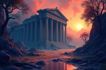Obraz premium Ancient Temple at Sunset with a Mountain View and a Winding Stream