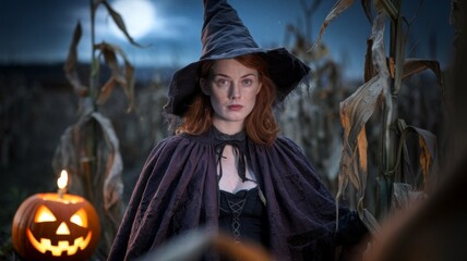 Obraz premium Cinematic Halloween scene featuring a young woman dressed as a witch, wearing a pointed hat and dark cloak, standing in a spooky cornfield with a carved jack-o'-lantern, under the moonlit sky