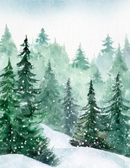 Fototapeta premium Watercolor landscape of foggy forest hill. Evergreen coniferous trees. Wild nature, frozen, misty, taiga. Horizontal watercolor background.