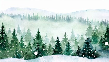 Fototapeta premium Watercolor landscape of foggy forest hill. Evergreen coniferous trees. Wild nature, frozen, misty, taiga. Horizontal watercolor background.