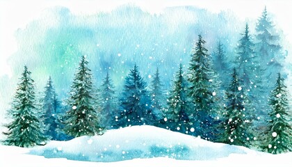 Watercolor landscape of foggy forest hill. Evergreen coniferous trees. Wild nature, frozen, misty, taiga. Horizontal watercolor background.