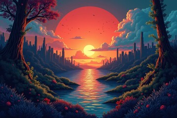 Sunset Over a Cityscape Divided by a River and Trees