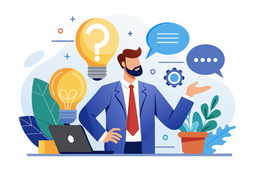 Question and answer, FAQ frequently asked questions, asking and reply to solve problem, help information, solution or q and a session concept, business people with question mark and lightbulb bubble
