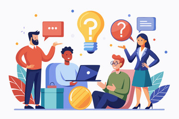 Question and answer, FAQ frequently asked questions, asking and reply to solve problem, help information, solution or q and a session concept, business people with question mark and lightbulb bubble
