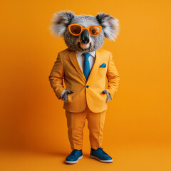Fototapeta premium Funky colorful Koala dressed in suit in funny look, with orange sunglasses and standing looking at the camera on an orange background like a studio shoot