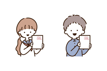 100点のテスト答案用紙を自慢気に見せる女子生徒と男子生徒