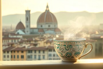 Naklejka premium A serene morning scene featuring a steaming cup of coffee placed on a windowsill, overlooking