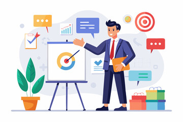 Business strategy planning, marketing tactic or winning strategy to achieve target, project blocker and solution to be success concept, smart businessman presenting business strategy on whiteboard
