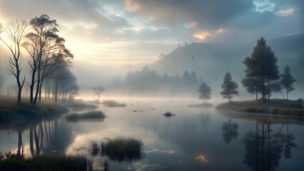 a lake with misty conditions illustration background