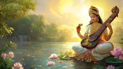 Tranquil Riverside with Saraswati Playing Veena