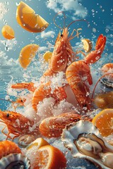 A vibrant seafood platter featuring plump shrimp, juicy oysters, and fresh lemon wedges, all splashing in a wave of icy water