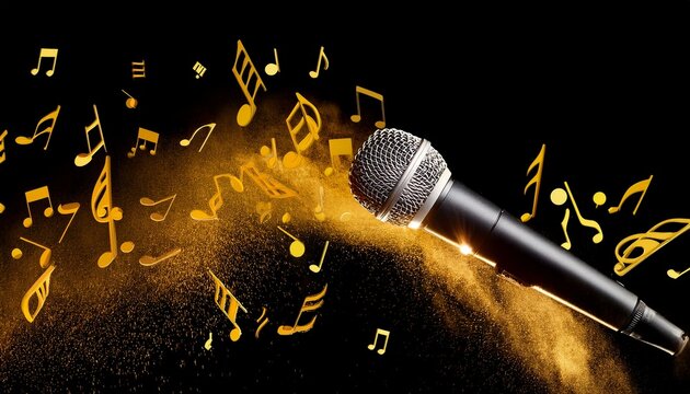 Microphone dropping yellow musical notes on black background, Generative AI