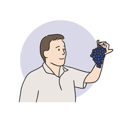 Illustration of a male farmer holding grapes in his hand in a vineyard