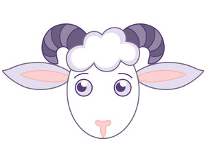Muzzle of a cute cartoon ram - vector full color picture. Head of a ram with big horns - children's illustration	