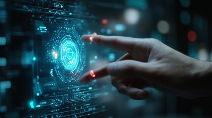 Hand Interacting with Futuristic Interface on Screen