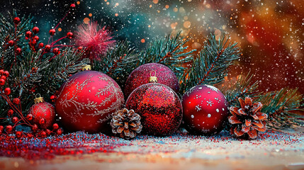   Red Christmas balls stacked on snow with evergreen leaves and pine cones nearby