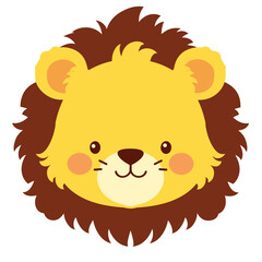A cute cartoon lion head with simple flat illustration style for vector graphic logo design isolated on a white background
