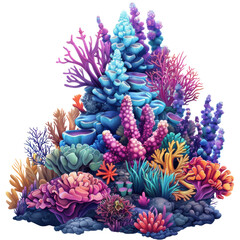 Beautiful Colorful Tropical Coral Reef Isolated on Transparent or White Background, PNG