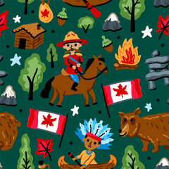 Bright cheerful children seamless vector pattern with symbols of Canada. American Indian, maple leaf, grizzly, mounted police. Alaska landmarks. Childish Forest travel background. North America