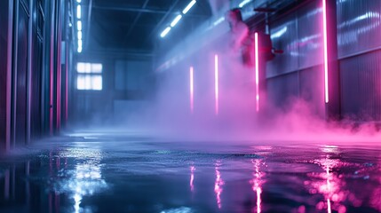 A warehouse floor being deep cleaned by a high-pressure washer, water scattering as the dirt is blasted away