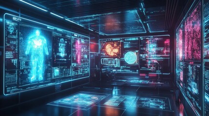 Futuristic Cyber Security Room with Holographic Displays