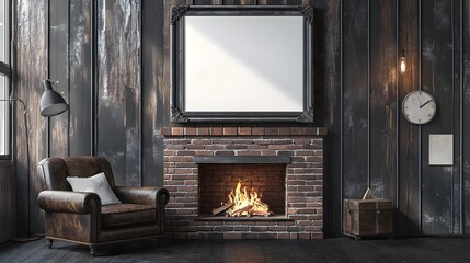 Cozy and inviting farmhouse living room interior featuring a distressed metal frame mockup  a brick fireplace  a leather armchair  and worn textures creating a moody  industrial rustic ambiance