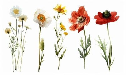 Collection of summer flowers painted in grunge oil painting style. Isolated on white background