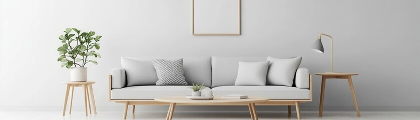 Scandinavian living room with light wood accents, minimalist design,