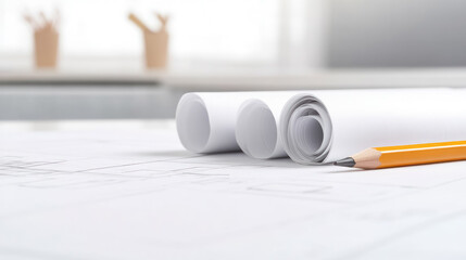 rolled up architectural blueprints neatly arranged on a modern workspace