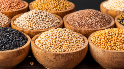Obraz premium Organic grains, assorted in wooden bowls, 3D illustration