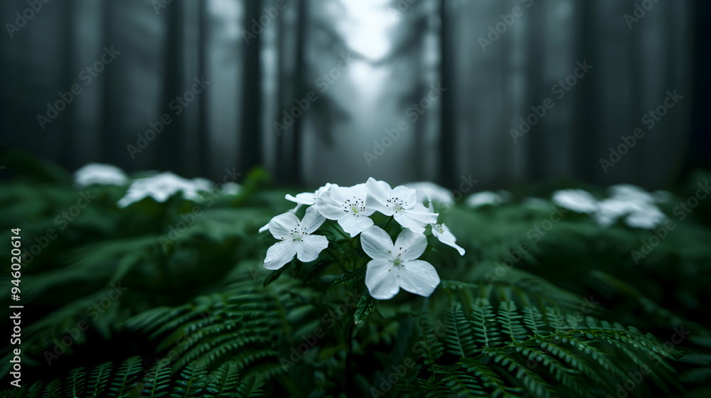 Poster Foggy Day The Woods With White Flowers