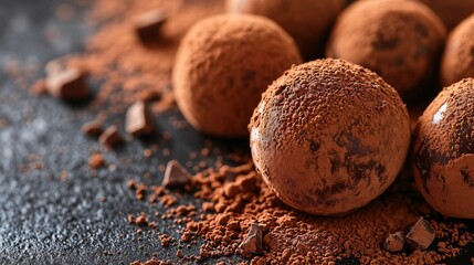 Gourmet Chocolate Truffles Dusted with Cocoa Powder on Black Background